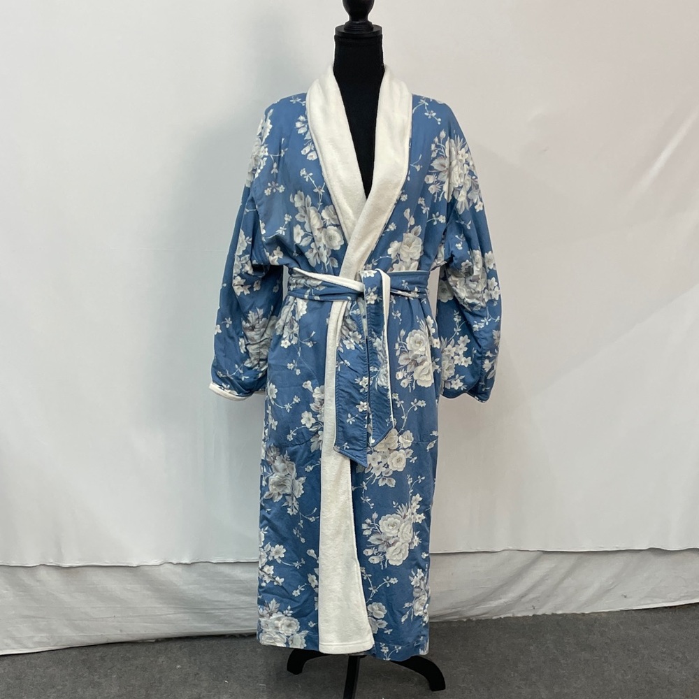 Crabtree & Evelyn Ankle Length, Floral Blue and White Robe, size Medium